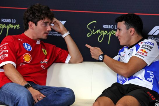 (L to R): Charles Leclerc (MON) Ferrari and Isack Hadjar (FRA) Racing Bulls, in the FIA Press Conference.
02.10.2025. Formula 1 World Championship, Rd 18, Singapore Grand Prix, Marina Bay Street Circuit, Singapore, Preparation Day.
- www.xpbimages.com, EMail: requests@xpbimages.com © Copyright: Rew / XPB Images