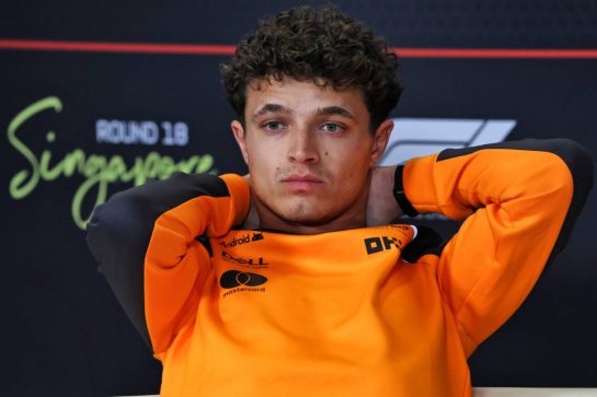 Lando Norris (GBR) McLaren in the FIA Press Conference.
02.10.2025. Formula 1 World Championship, Rd 18, Singapore Grand Prix, Marina Bay Street Circuit, Singapore, Preparation Day.
- www.xpbimages.com, EMail: requests@xpbimages.com © Copyright: Rew / XPB Images