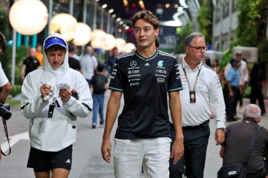 (L to R): Andrea Kimi Antonelli (ITA) Mercedes AMG F1 with team mate George Russell (GBR) Mercedes AMG F1.
03.10.2025. Formula 1 World Championship, Rd 18, Singapore Grand Prix, Marina Bay Street Circuit, Singapore, Practice Day.
- www.xpbimages.com, EMail: requests@xpbimages.com © Copyright: Moy / XPB Images