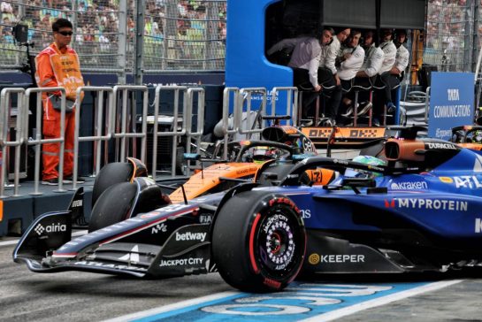 Alexander Albon (THA) Atlassian Williams Racing FW47 leaves the pits ahead of Oscar Piastri (AUS) McLaren MCL39.
04.10.2025. Formula 1 World Championship, Rd 18, Singapore Grand Prix, Marina Bay Street Circuit, Singapore, Qualifying Day.
- www.xpbimages.com, EMail: requests@xpbimages.com © Copyright: Batchelor / XPB Images
