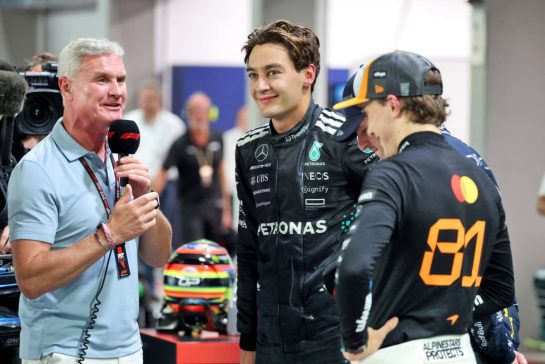 (L to R): David Coulthard (GBR) Channel 4 F1 Commentator in qualifying parc ferme with George Russell (GBR) Mercedes AMG F1; Max Verstappen (NLD) Red Bull Racing; and Oscar Piastri (AUS) McLaren.
04.10.2025. Formula 1 World Championship, Rd 18, Singapore Grand Prix, Marina Bay Street Circuit, Singapore, Qualifying Day.
- www.xpbimages.com, EMail: requests@xpbimages.com © Copyright: Charniaux / XPB Images