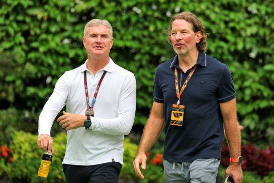 (L to R): David Coulthard (GBR) Channel 4 F1 Commentator with Fredrik Johnsson, Race of Champions President.
05.10.2025. Formula 1 World Championship, Rd 18, Singapore Grand Prix, Marina Bay Street Circuit, Singapore, Race Day.
- www.xpbimages.com, EMail: requests@xpbimages.com © Copyright: Moy / XPB Images