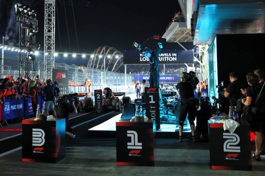 Race winner George Russell (GBR) Mercedes AMG F1 W16 celebrates in parc ferme.
05.10.2025. Formula 1 World Championship, Rd 18, Singapore Grand Prix, Marina Bay Street Circuit, Singapore, Race Day.
- www.xpbimages.com, EMail: requests@xpbimages.com © Copyright: Moy / XPB Images