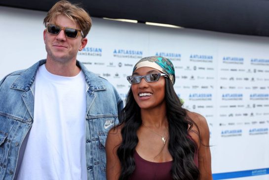 (L to R): Hunter Davis-Woodhall (USA) Athlete with his wife Tara Davis-Woodhall (USA) Athlete - Atlassian Williams Racing guests.
17.10.2025. Formula 1 World Championship, Rd 19, United States Grand Prix, Austin, Texas, USA, Sprint Qualifying Day
- www.xpbimages.com, EMail: requests@xpbimages.com © Copyright: Bearne / XPB Images
