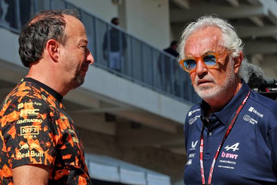 (L to R): Peter Bayer (AUT) Racing Bulls Chief Executive Officer with Flavio Briatore (ITA) Alpine F1 Team Executive Advisor.
18.10.2025. Formula 1 World Championship, Rd 19, United States Grand Prix, Austin, Texas, USA, Sprint and Qualifying Day.
- www.xpbimages.com, EMail: requests@xpbimages.com © Copyright: Batchelor / XPB Images