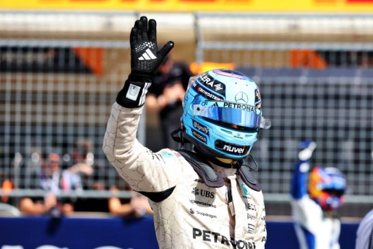 George Russell (GBR) Mercedes AMG F1 celebrates his second position in Sprint parc ferme.
18.10.2025. Formula 1 World Championship, Rd 19, United States Grand Prix, Austin, Texas, USA, Sprint and Qualifying Day.
- www.xpbimages.com, EMail: requests@xpbimages.com © Copyright: Charniaux / XPB Images