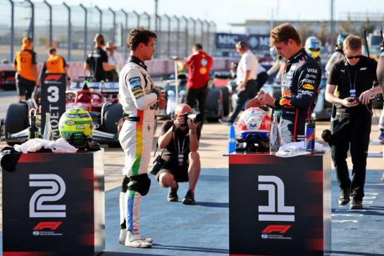 (L to R): Second placed Lando Norris (GBR) McLaren in qualifying parc ferme with pole sitter Max Verstappen (NLD) Red Bull Racing.
18.10.2025. Formula 1 World Championship, Rd 19, United States Grand Prix, Austin, Texas, USA, Sprint and Qualifying Day.
- www.xpbimages.com, EMail: requests@xpbimages.com © Copyright: Charniaux / XPB Images