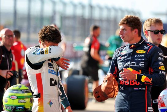 (L to R): Second placed Lando Norris (GBR) McLaren in qualifying parc ferme with pole sitter Max Verstappen (NLD) Red Bull Racing.
18.10.2025. Formula 1 World Championship, Rd 19, United States Grand Prix, Austin, Texas, USA, Sprint and Qualifying Day.
- www.xpbimages.com, EMail: requests@xpbimages.com © Copyright: Charniaux / XPB Images