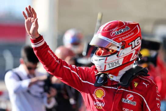 Charles Leclerc (MON) Ferrari celebrates his third position in qualifying parc ferme.
18.10.2025. Formula 1 World Championship, Rd 19, United States Grand Prix, Austin, Texas, USA, Sprint and Qualifying Day.
- www.xpbimages.com, EMail: requests@xpbimages.com © Copyright: Charniaux / XPB Images