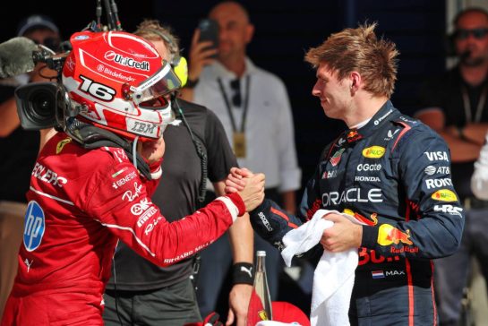 (L to R): Third placed Charles Leclerc (MON) Ferrari with race winner Max Verstappen (NLD) Red Bull Racing in parc ferme.
19.10.2025. Formula 1 World Championship, Rd 19, United States Grand Prix, Austin, Texas, USA, Race Day.
- www.xpbimages.com, EMail: requests@xpbimages.com © Copyright: Batchelor / XPB Images