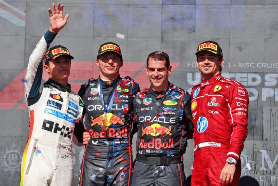 The podium (L to R): Lando Norris (GBR) McLaren, second; Max Verstappen (NLD) Red Bull Racing, race winner; Chris Gent (GBR) Red Bull Racing Chief Mechanic; Charles Leclerc (MON) Ferrari, third.
19.10.2025. Formula 1 World Championship, Rd 19, United States Grand Prix, Austin, Texas, USA, Race Day.
- www.xpbimages.com, EMail: requests@xpbimages.com © Copyright: Batchelor / XPB Images
