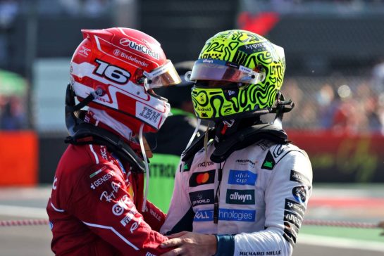 (L to R): Charles Leclerc (MON) Ferrari celebrates his second position with race winner Lando Norris (GBR) McLaren in parc ferme.
26.10.2025. Formula 1 World Championship, Rd 20, Mexican Grand Prix, Mexico City, Mexico, Race Day.
- www.xpbimages.com, EMail: requests@xpbimages.com © Copyright: Bearne / XPB Images