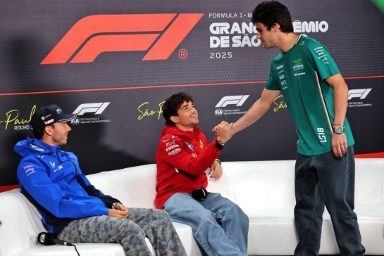 (L to R): Pierre Gasly (FRA) Alpine F1 Team; Charles Leclerc (MON) Ferrari; and Lance Stroll (CDN) Aston Martin F1 Team, in the FIA Press Conference.
06.11.2025. Formula 1 World Championship, Rd 21, Brazilian Grand Prix, Sao Paulo, Brazil, Preparation Day.
- www.xpbimages.com, EMail: requests@xpbimages.com © Copyright: Batchelor / XPB Images