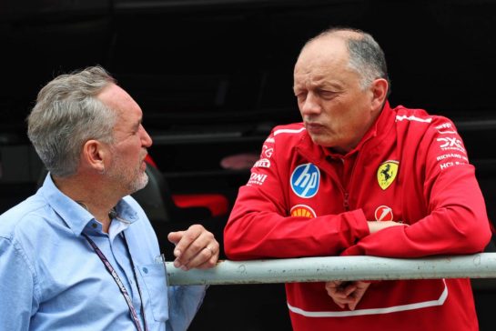(L to R): Frank Montangy (FRA) Canal+ TV Presenter with Frederic Vasseur (FRA) Ferrari Team Principal.
07.11.2025. Formula 1 World Championship, Rd 21, Brazilian Grand Prix, Sao Paulo, Brazil, Sprint Qualifying Day.
- www.xpbimages.com, EMail: requests@xpbimages.com © Copyright: Batchelor / XPB Images