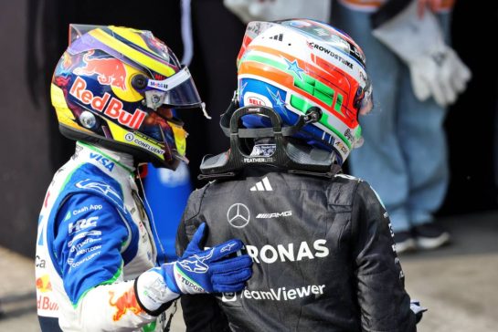 (L to R): Isack Hadjar (FRA) Racing Bulls and Andrea Kimi Antonelli (ITA) Mercedes AMG F1 in Sprint qualifying parc ferme.
07.11.2025. Formula 1 World Championship, Rd 21, Brazilian Grand Prix, Sao Paulo, Brazil, Sprint Qualifying Day.
- www.xpbimages.com, EMail: requests@xpbimages.com © Copyright: Batchelor / XPB Images