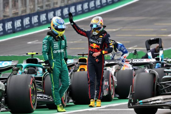 (L to R): Fernando Alonso (ESP) Aston Martin F1 Team AMR25 and Max Verstappen (NLD) Red Bull Racing in Sprint qualifying parc ferme.
07.11.2025. Formula 1 World Championship, Rd 21, Brazilian Grand Prix, Sao Paulo, Brazil, Sprint Qualifying Day.
- www.xpbimages.com, EMail: requests@xpbimages.com © Copyright: Charniaux / XPB Images