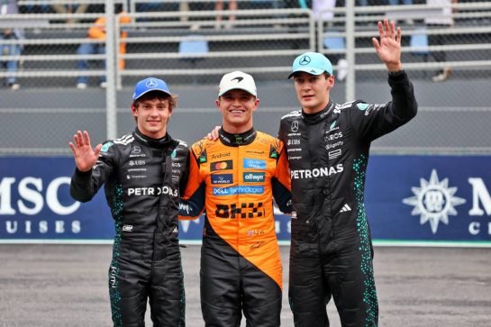 Sprint top three in parc ferme (L to R): Andrea Kimi Antonelli (ITA) Mercedes AMG F1, second; Lando Norris (GBR) McLaren, race winner; George Russell (GBR) Mercedes AMG F1, third.
08.11.2025. Formula 1 World Championship, Rd 21, Brazilian Grand Prix, Sao Paulo, Brazil, Sprint and Qualifying Day.
- www.xpbimages.com, EMail: requests@xpbimages.com © Copyright: Batchelor / XPB Images