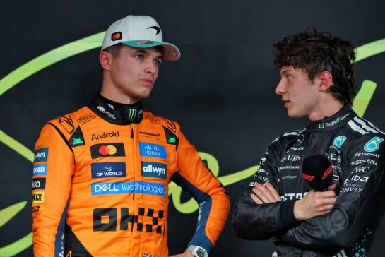 (L to R): Pole sitter Lando Norris (GBR) McLaren in qualifying parc ferme with second placed Andrea Kimi Antonelli (ITA) Mercedes AMG F1.
08.11.2025. Formula 1 World Championship, Rd 21, Brazilian Grand Prix, Sao Paulo, Brazil, Sprint and Qualifying Day.
- www.xpbimages.com, EMail: requests@xpbimages.com © Copyright: Charniaux / XPB Images