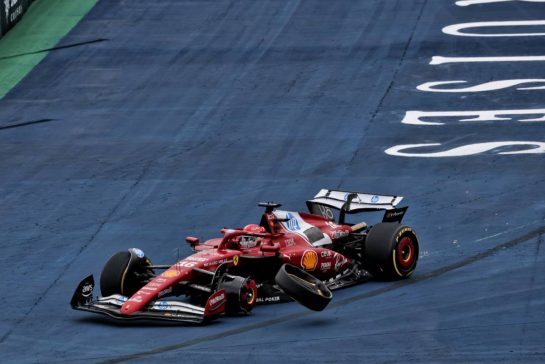 Charles Leclerc (MON) Ferrari SF-25 with damage that led to his retirement from the race.
09.11.2025. Formula 1 World Championship, Rd 21, Brazilian Grand Prix, Sao Paulo, Brazil, Race Day.
- www.xpbimages.com, EMail: requests@xpbimages.com © Copyright: Batchelor / XPB Images