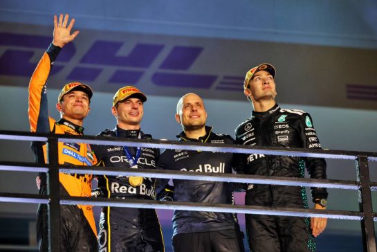 The podium (L to R): Lando Norris (GBR) McLaren, second; Max Verstappen (NLD) Red Bull Racing, race winner; Gianpiero Lambiase (ITA) Red Bull Racing Head of Racing; George Russell (GBR) Mercedes AMG F1, third.
22.11.2025. Formula 1 World Championship, Rd 22, Las Vegas Grand Prix, Las Vegas, Nevada, USA, Race Day.
- www.xpbimages.com, EMail: requests@xpbimages.com © Copyright: Batchelor / XPB Images