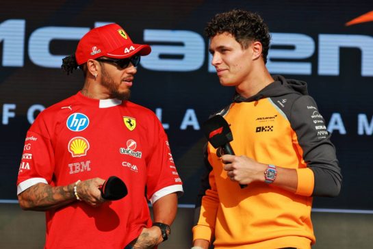 (L to R): Lewis Hamilton (GBR) Ferrari and Lewis Hamilton (GBR) Ferrari on the FanZone Stage.
28.11.2025 Formula 1 World Championship, Rd 23, Qatar Grand Prix, Doha, Qatar, Sprint Qualifying Day.
- www.xpbimages.com, EMail: requests@xpbimages.com © Copyright: Moy / XPB Images