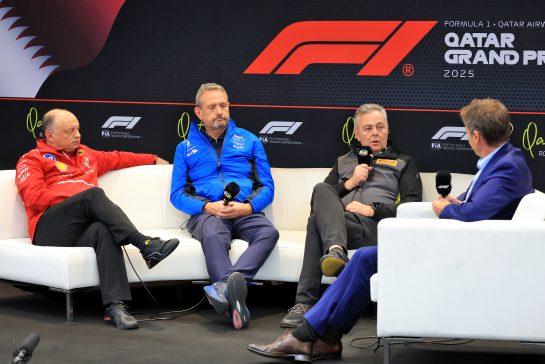 (L to R): Frederic Vasseur (FRA) Ferrari Team Principal; Steve Nielsen (GBR) Alpine F1 Team Managing Director; and Mario Isola (ITA) Pirelli Racing Manager, in the FIA Press Conference.
28.11.2025 Formula 1 World Championship, Rd 23, Qatar Grand Prix, Doha, Qatar, Sprint Qualifying Day.
- www.xpbimages.com, EMail: requests@xpbimages.com © Copyright: Moy / XPB Images