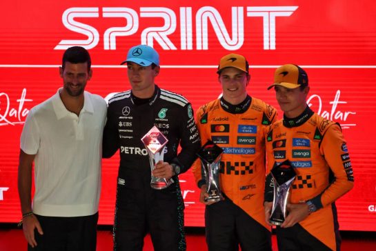 Sprint top three in parc ferme with Novak Djokovic (SRB) Tennis Player (L to R): George Russell (GBR) Mercedes AMG F1, second; Oscar Piastri (AUS) McLaren, race winner; Lando Norris (GBR) McLaren, third.
29.11.2025. Formula 1 World Championship, Rd 23, Qatar Grand Prix, Doha, Qatar, Sprint and Qualifying Day.
- www.xpbimages.com, EMail: requests@xpbimages.com © Copyright: Batchelor / XPB Images