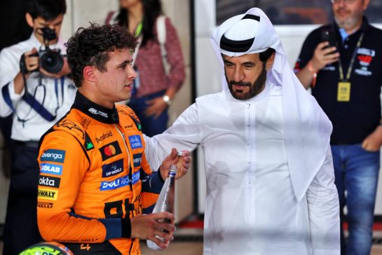 (L to R): Lando Norris (GBR) McLaren in qualifying parc ferme with Mohammed Bin Sulayem (UAE) FIA President.
29.11.2025. Formula 1 World Championship, Rd 23, Qatar Grand Prix, Doha, Qatar, Sprint and Qualifying Day.
- www.xpbimages.com, EMail: requests@xpbimages.com © Copyright: Batchelor / XPB Images