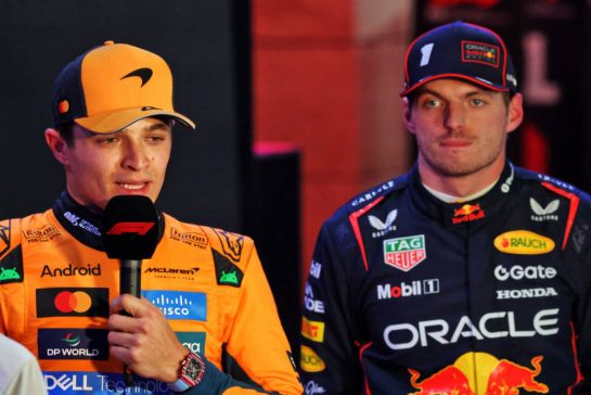 (L to R): Lando Norris (GBR) McLaren and Max Verstappen (NLD) Red Bull Racing in qualifying parc ferme.
29.11.2025. Formula 1 World Championship, Rd 23, Qatar Grand Prix, Doha, Qatar, Sprint and Qualifying Day.
- www.xpbimages.com, EMail: requests@xpbimages.com © Copyright: Charniaux / XPB Images