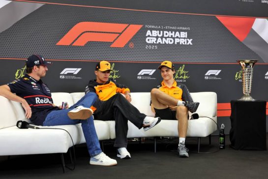 (L to R): Max Verstappen (NLD) Red Bull Racing; Lando Norris (GBR) McLaren; and Oscar Piastri (AUS) McLaren, in the FIA Press Conference.
04.12.2025. Formula 1 World Championship, Rd 24, Abu Dhabi Grand Prix, Yas Marina Circuit, Abu Dhabi, Preparation Day.
- www.xpbimages.com, EMail: requests@xpbimages.com © Copyright: Bearne / XPB Images