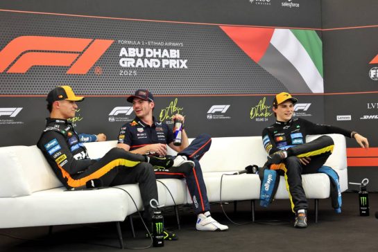 (L to R): Lando Norris (GBR) McLaren; Max Verstappen (NLD) Red Bull Racing; and Max Verstappen (NLD) Red Bull Racing, in the post qualifying FIA Press Conference.
06.12.2025. Formula 1 World Championship, Rd 24, Abu Dhabi Grand Prix, Yas Marina Circuit, Abu Dhabi, Qualifying Day.
- www.xpbimages.com, EMail: requests@xpbimages.com © Copyright: Bearne / XPB Images