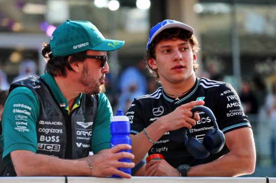 (L to R): Fernando Alonso (ESP) Aston Martin F1 Team and Andrea Kimi Antonelli (ITA) Mercedes AMG F1 on the drivers' parade.
07.12.2025. Formula 1 World Championship, Rd 24, Abu Dhabi Grand Prix, Yas Marina Circuit, Abu Dhabi, Race Day.
- www.xpbimages.com, EMail: requests@xpbimages.com © Copyright: Batchelor / XPB Images