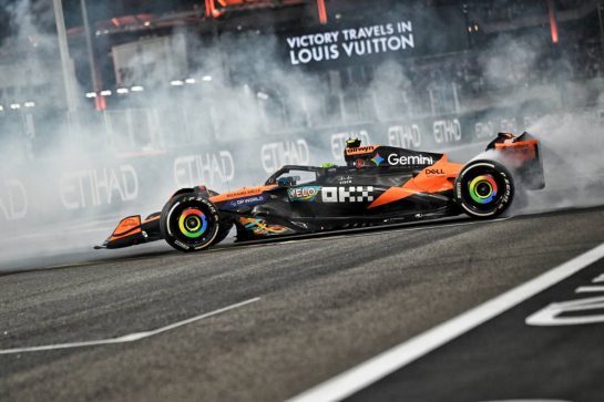 Third placed World Champion Lando Norris (GBR) McLaren MCL39 celebrates with doughnuts at the end of the race.
07.12.2025. Formula 1 World Championship, Rd 24, Abu Dhabi Grand Prix, Yas Marina Circuit, Abu Dhabi, Race Day.
- www.xpbimages.com, EMail: requests@xpbimages.com © Copyright: Price / XPB Images