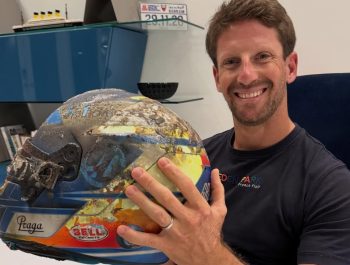 Five years on: Grosjean reunites with fiery Bahrain GP helmet