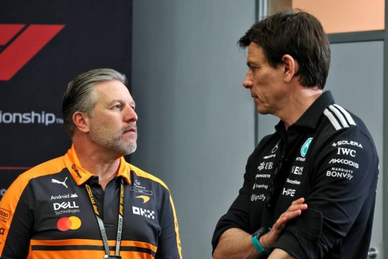 (L to R): Zak Brown (USA) McLaren F1 Team Executive Director and Toto Wolff (GER) Mercedes AMG Formula One Team Shareholder and Executive Director in the FIA Press Conference.
19.02.2026. Formula 1 Testing, Bahrain Test Two, Sakhir, Bahrain, Day Two.
- www.xpbimages.com, EMail: requests@xpbimages.com © Copyright: Moy / XPB Images