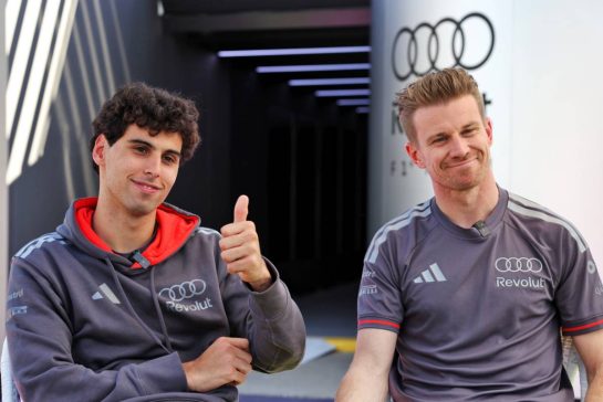 (L to R): Gabriel Bortoleto (BRA) Audi F1 Team with Nico Hulkenberg (GER) Audi F1 Team.
05.03.2026. Formula 1 World Championship, Rd 1, Australian Grand Prix, Albert Park, Melbourne, Australia, Preparation Day.
- www.xpbimages.com, EMail: requests@xpbimages.com © Copyright: Bearne / XPB Images