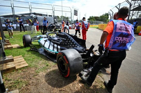The damaged Mercedes AMG Formula One Team W17 of Andrea Kimi Antonelli (ITA), who crashed in the third practice session.
07.03.2026. Formula 1 World Championship, Rd 1, Australian Grand Prix, Albert Park, Melbourne, Australia, Qualifying Day.
- www.xpbimages.com, EMail: requests@xpbimages.com © Copyright: Price	/ XPB Images