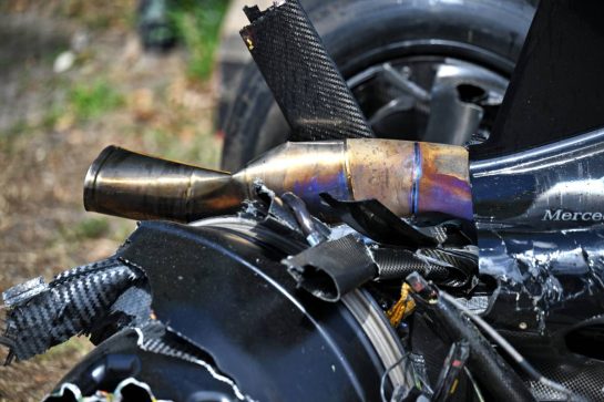 The damaged Mercedes AMG Formula One Team W17 of Andrea Kimi Antonelli (ITA), who crashed in the third practice session.
07.03.2026. Formula 1 World Championship, Rd 1, Australian Grand Prix, Albert Park, Melbourne, Australia, Qualifying Day.
- www.xpbimages.com, EMail: requests@xpbimages.com © Copyright: Price	/ XPB Images