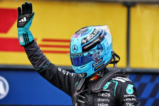 George Russell (GBR) Mercedes AMG Formula One Team celebrates his pole position in qualifying parc ferme.
07.03.2026. Formula 1 World Championship, Rd 1, Australian Grand Prix, Albert Park, Melbourne, Australia, Qualifying Day.
- www.xpbimages.com, EMail: requests@xpbimages.com © Copyright: Batchelor / XPB Images