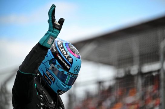 George Russell (GBR) Mercedes AMG Formula One Team celebrates his pole position in qualifying parc ferme.
07.03.2026. Formula 1 World Championship, Rd 1, Australian Grand Prix, Albert Park, Melbourne, Australia, Qualifying Day.
- www.xpbimages.com, EMail: requests@xpbimages.com © Copyright: Price	/ XPB Images