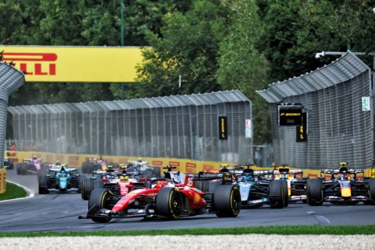 Charles Leclerc (MON) Scuderia Ferrari SF-26  leads at the start of the race.
08.03.2026. Formula 1 World Championship, Rd 1, Australian Grand Prix, Albert Park, Melbourne, Australia, Race Day.
- www.xpbimages.com, EMail: requests@xpbimages.com © Copyright: Bearne / XPB Images