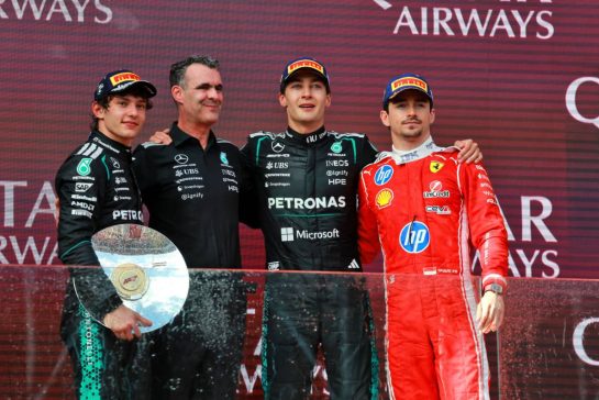 The podium (L to R): Andrea Kimi Antonelli (ITA) Mercedes AMG Formula One Team, second; Hywel Thomas (GBR) Mercedes AMG High Performance Powertrains Managing Director; George Russell (GBR) Mercedes AMG Formula One Team, race winner; Charles Leclerc (MON) Scuderia Ferrari, third.
08.03.2026. Formula 1 World Championship, Rd 1, Australian Grand Prix, Albert Park, Melbourne, Australia, Race Day.
- www.xpbimages.com, EMail: requests@xpbimages.com © Copyright: Moy / XPB Images