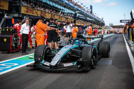 Race winner George Russell (GBR) Mercedes AMG Formula One Team W17 enters parc ferme.
08.03.2026. Formula 1 World Championship, Rd 1, Australian Grand Prix, Albert Park, Melbourne, Australia, Race Day.
- www.xpbimages.com, EMail: requests@xpbimages.com © Copyright: Bearne / XPB Images