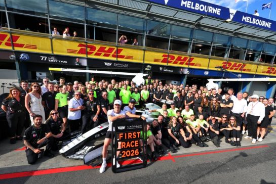 Cadillac Formula 1 Team celebrates their first F1 Grand Prix of 2026.
08.03.2026. Formula 1 World Championship, Rd 1, Australian Grand Prix, Albert Park, Melbourne, Australia, Race Day.
- www.xpbimages.com, EMail: requests@xpbimages.com © Copyright: Bearne / XPB Images