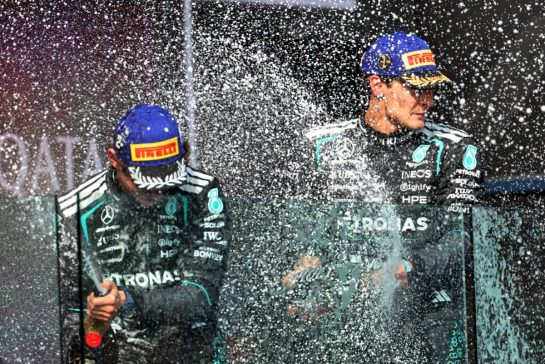 Race winner George Russell (GBR) Mercedes AMG Formula One Team celebrates on the podium with team mate Andrea Kimi Antonelli (ITA) Mercedes AMG Formula One Team.
08.03.2026. Formula 1 World Championship, Rd 1, Australian Grand Prix, Albert Park, Melbourne, Australia, Race Day.
- www.xpbimages.com, EMail: requests@xpbimages.com © Copyright: Batchelor / XPB Images