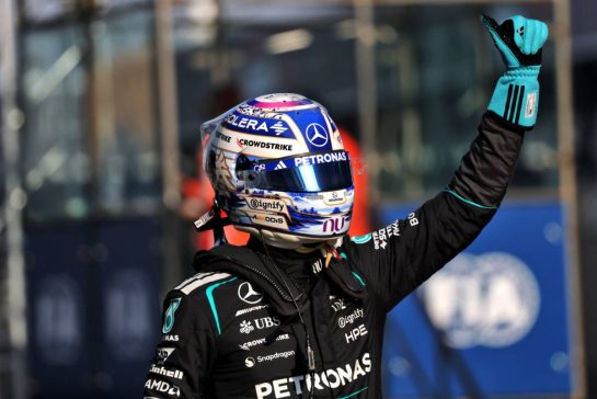 George Russell (GBR) Mercedes AMG Formula One Team celebrates his pole position in Sprint qualifying parc ferme.
13.03.2026. Formula 1 World Championship, Rd 2, Chinese Grand Prix, Shanghai, China, Sprint Qualifying Day.
- www.xpbimages.com, EMail: requests@xpbimages.com © Copyright: Charniaux / XPB Images