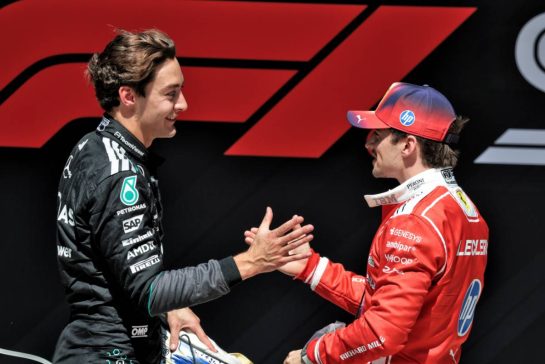 (L to R): Sprint winner George Russell (GBR) Mercedes AMG Formula One Team celebrates in parc ferme with second placed Charles Leclerc (MON) Scuderia Ferrari.
14.03.2026. Formula 1 World Championship, Rd 2, Chinese Grand Prix, Shanghai, China, Sprint and Qualifying Day.
- www.xpbimages.com, EMail: requests@xpbimages.com © Copyright: Moy / XPB Images