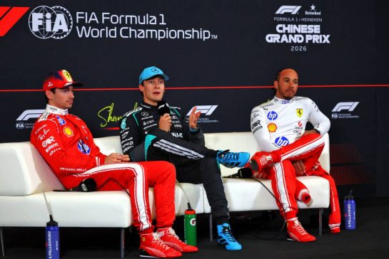 (L to R): Charles Leclerc (MON) Scuderia Ferrari; George Russell (GBR) Mercedes AMG Formula One Team; and Lewis Hamilton (GBR) Scuderia Ferrari, in the post Sprint FIA Press Conference.
14.03.2026. Formula 1 World Championship, Rd 2, Chinese Grand Prix, Shanghai, China, Sprint and Qualifying Day.
- www.xpbimages.com, EMail: requests@xpbimages.com © Copyright: Bearne / XPB Images