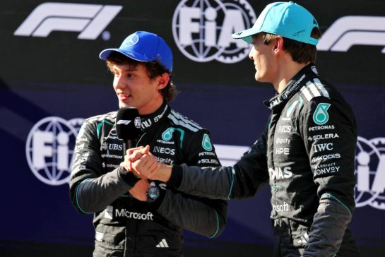 (L to R): Pole sitter Andrea Kimi Antonelli (ITA) Mercedes AMG Formula One Team in qualifying parc ferme with second placed team mate George Russell (GBR) Mercedes AMG Formula One Team.
14.03.2026. Formula 1 World Championship, Rd 2, Chinese Grand Prix, Shanghai, China, Sprint and Qualifying Day.
- www.xpbimages.com, EMail: requests@xpbimages.com © Copyright: Batchelor / XPB Images