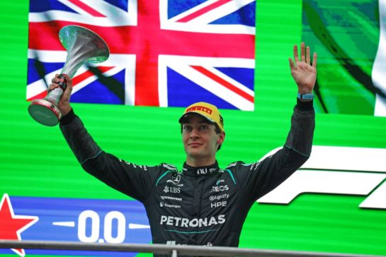 Second placed George Russell (GBR) Mercedes AMG Formula One Team celebrates on the podium.
15.03.2026. Formula 1 World Championship, Rd 2, Chinese Grand Prix, Shanghai, China, Race Day.
- www.xpbimages.com, EMail: requests@xpbimages.com © Copyright: Moy / XPB Images